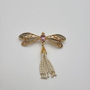 Vintage Avon Dragonfly Insect Bug Pink & Green w/ Beaded Dangle Tail Brooch Pin